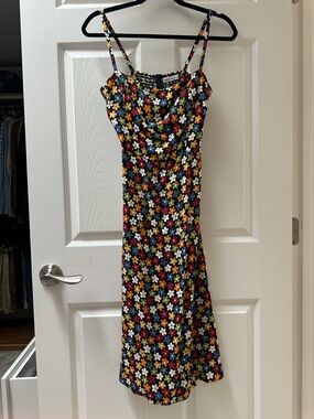 Reformation Black Midi Slip Dress with Multicolor Daisy Print